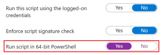 Screenshot della scheda Crea impostazioni script personalizzate con l'opzione Esegui script in PowerShell a 64 bit impostata su sì.