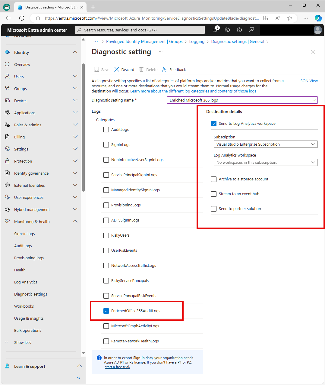 Screenshot delle impostazioni di diagnostica di Microsoft Entra, con i log arricchiti e le opzioni di Log Analytics evidenziate.