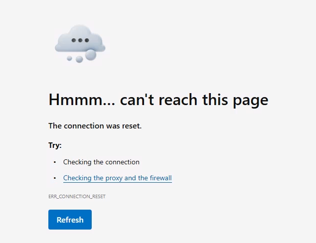 Screenshot che mostra la reimpostazione della connessione.