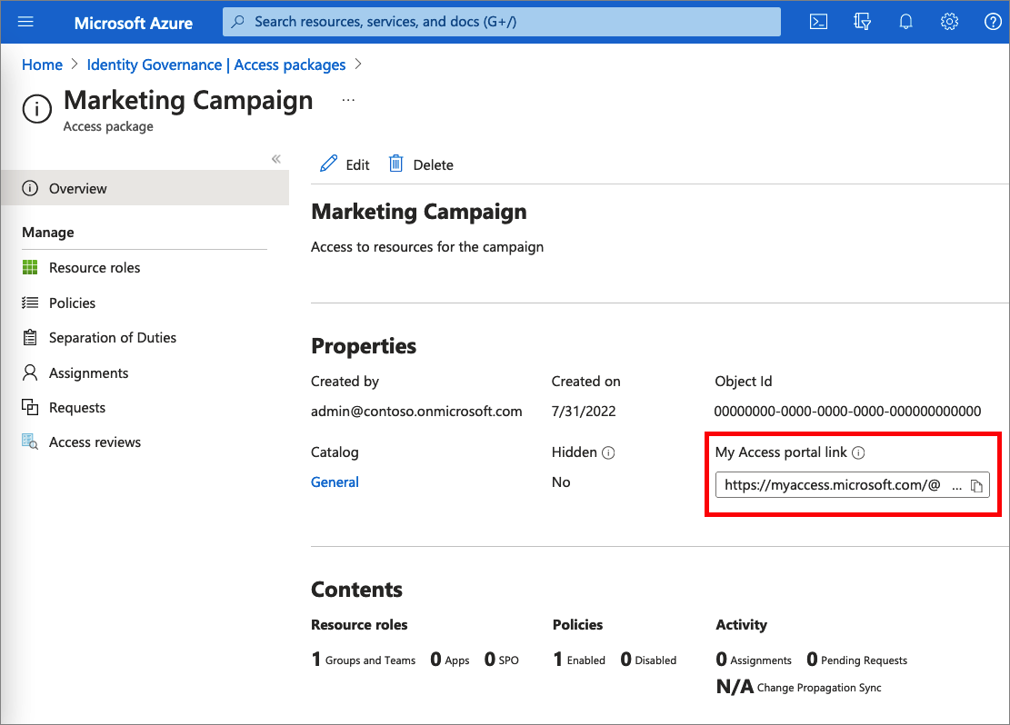 Screenshot che dimostra come copiare il collegamento alla policy di accesso.