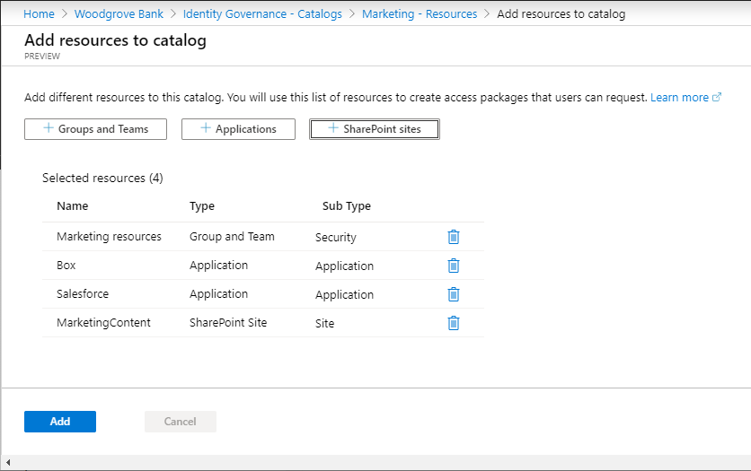 Screenshot che mostra il riquadro Aggiungi risorse a un catalogo.