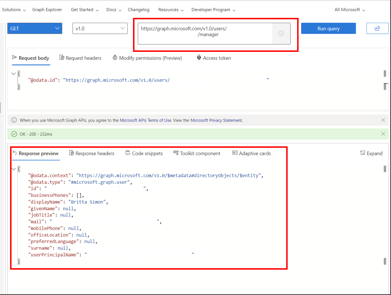 Screenshot del recupero di un manager in Graph explorer.