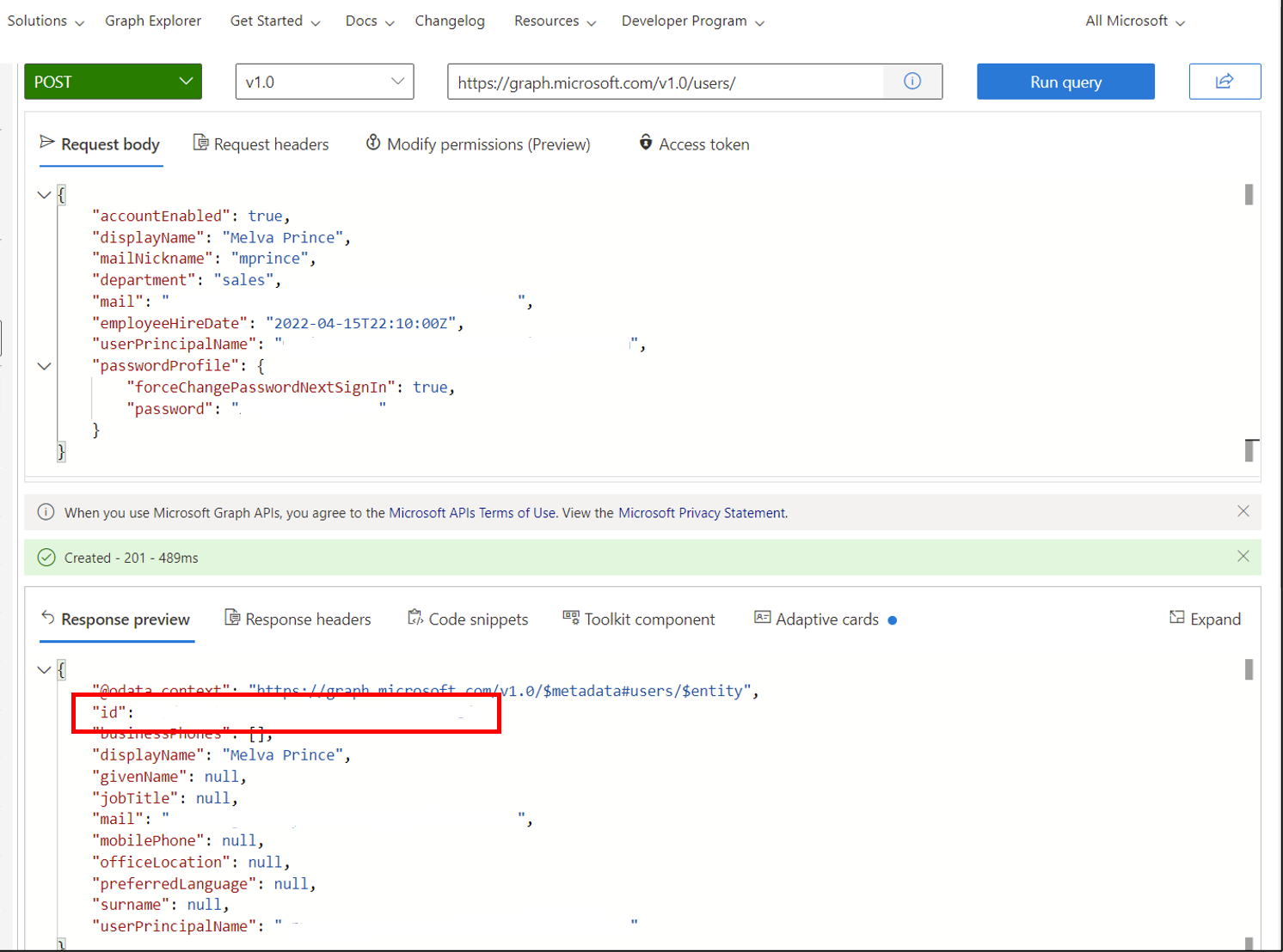 Screenshot di POST. Creazione di Melva in Graph explorer.