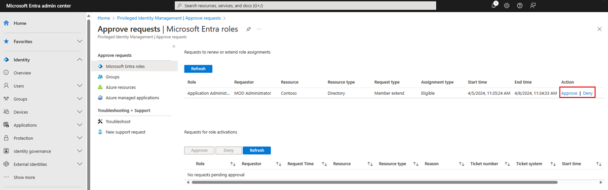 Screenshot che mostra i ruoli di Microsoft Entra - Pagina per approvare le richieste che elenca le richieste e i collegamenti per approvare o rifiutare.