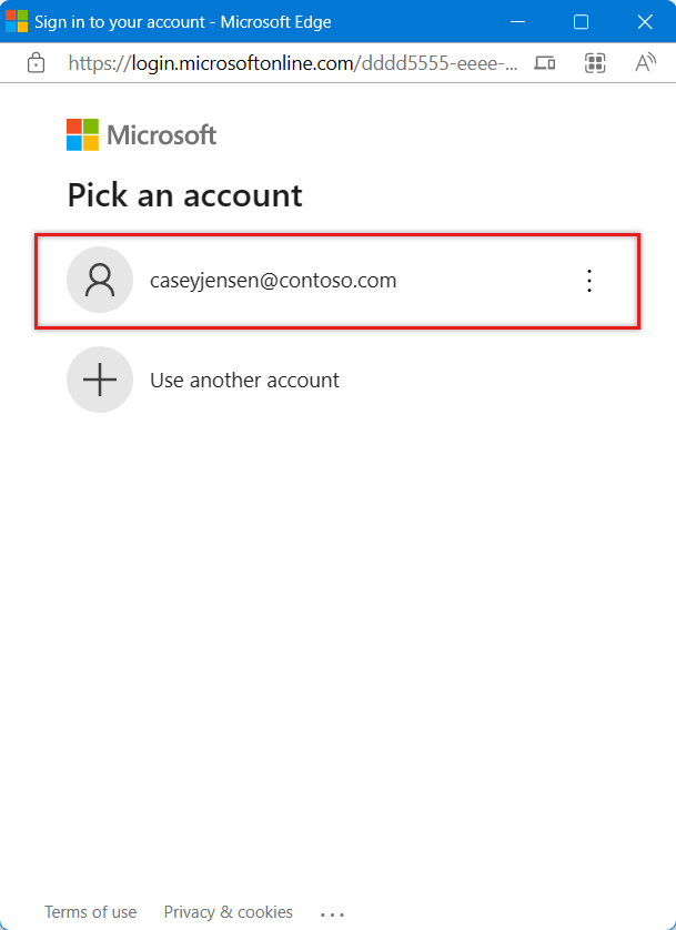 Screenshot che richiede all'utente di scegliere l'account Microsoft per l'accesso.