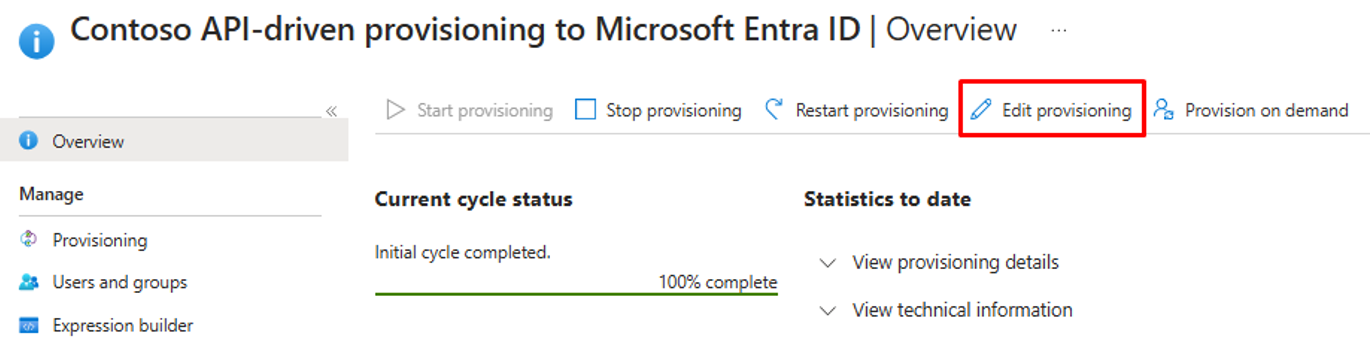 Screenshot della schermata di modifica del provisioning.