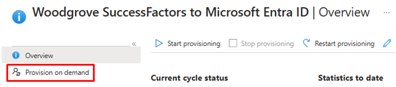 Screenshot della panoramica di Microsoft Entra ID con la selezione [Provision on demand].