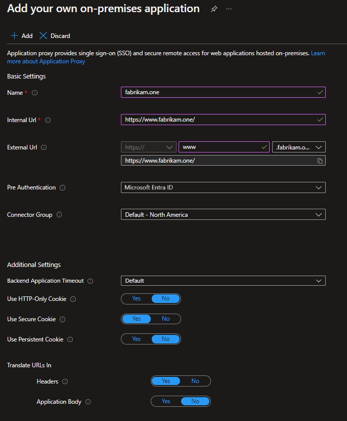 Configurazione del proxy dell'applicazione Microsoft Entra che mostra gli URL interni ed esterni corrispondenti per l'accesso alla porta 443.