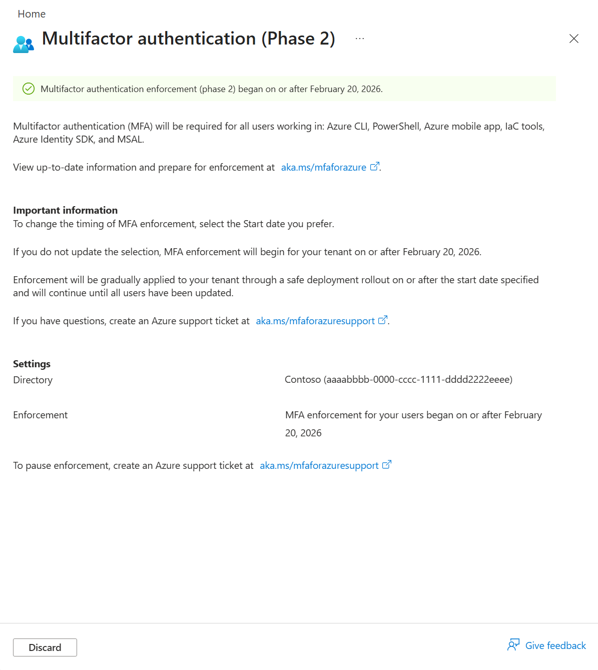 Screenshot della pagina Fase 2 di autenticazione a più fattori nel portale di Azure, che mostra che l'applicazione dell'autenticazione a più fattori è iniziata a partire dal 20 febbraio 2026.