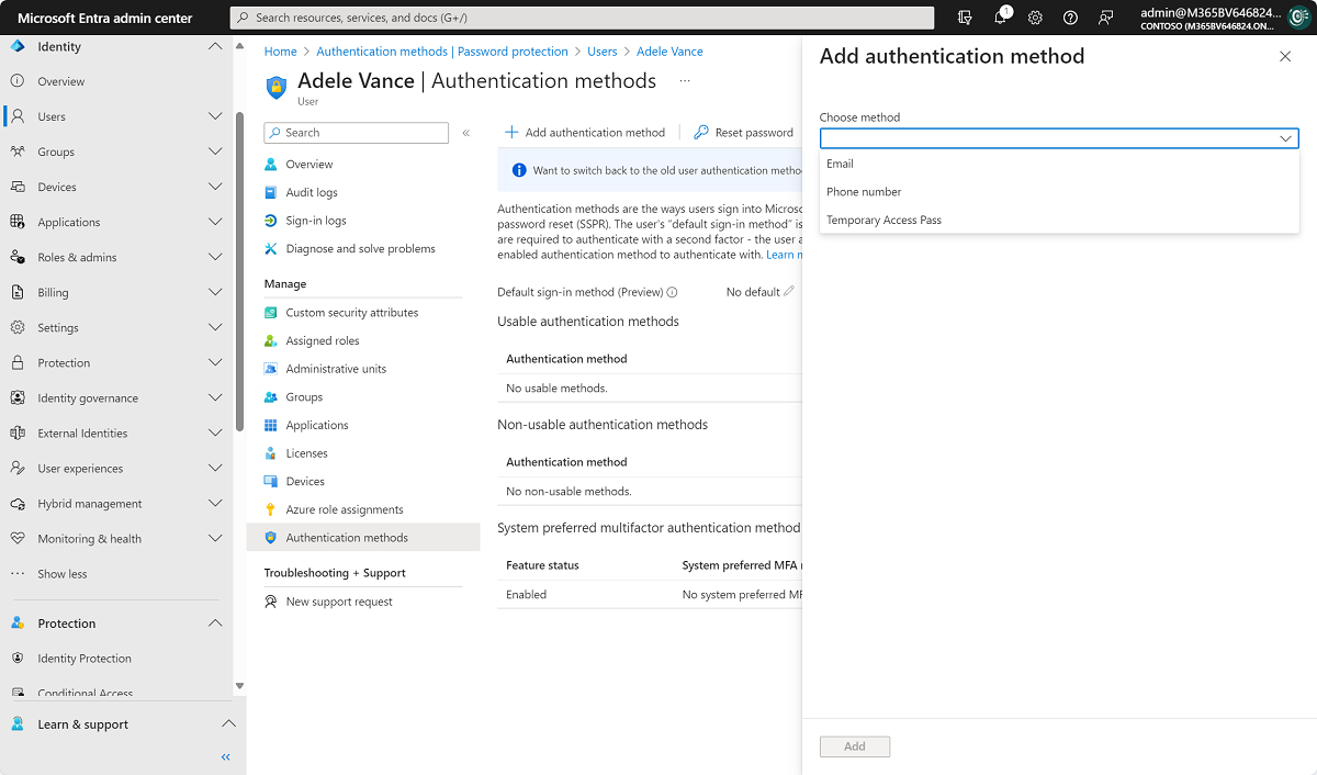 Screenshot dell'aggiunta di metodi di autenticazione dall'interfaccia di amministrazione di Microsoft Entra.