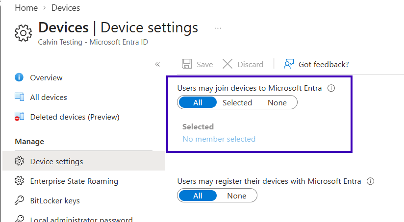 Schermata del riquadro delle impostazioni del dispositivo nel portale Entra, incentrata sull'impostazione necessaria relativa alla possibilità per gli utenti di aggiungere dispositivi tramite Microsoft Entra.