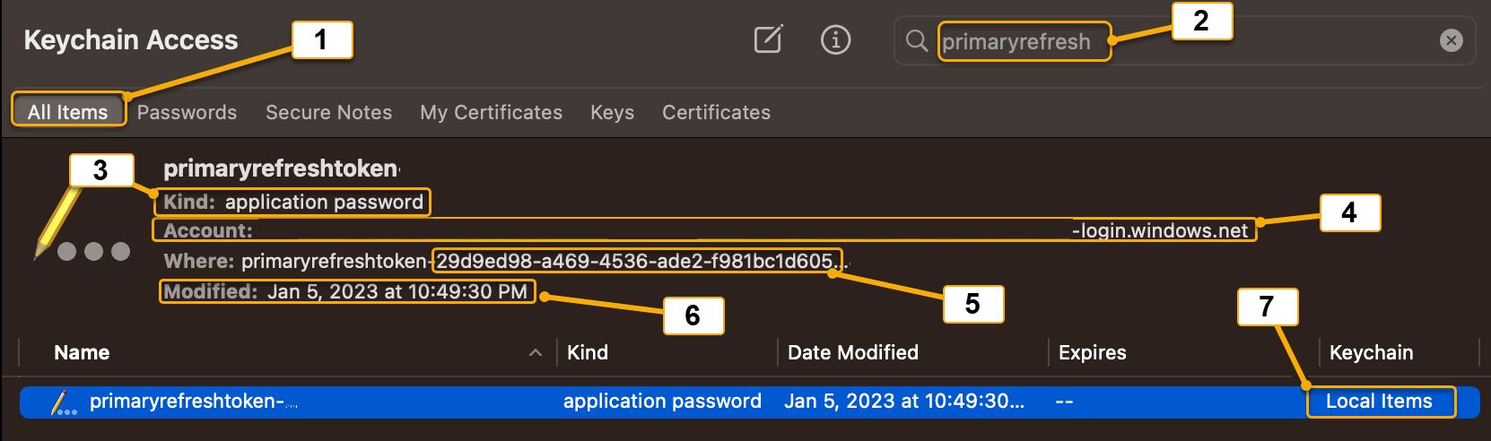 screenshot che mostra come trovare il token di aggiornamento primario nell'app di accesso Keychain.