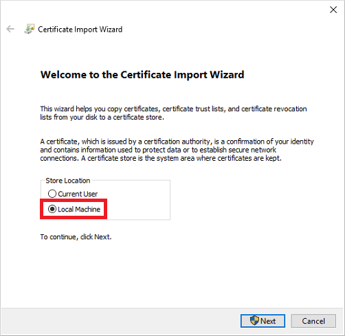 Scegliere l'opzione per importare il certificato nell'archivio del computer locale