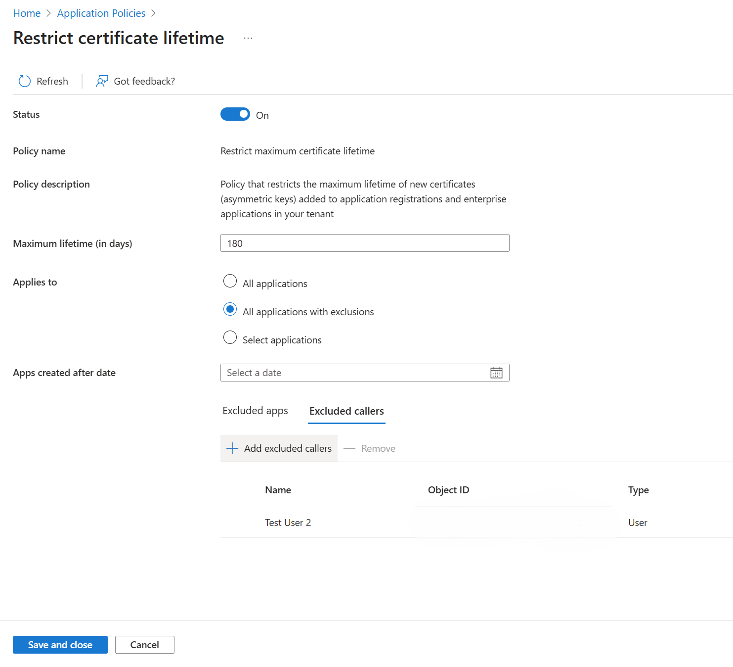 Screenshot della limitazione della durata massima del certificato.