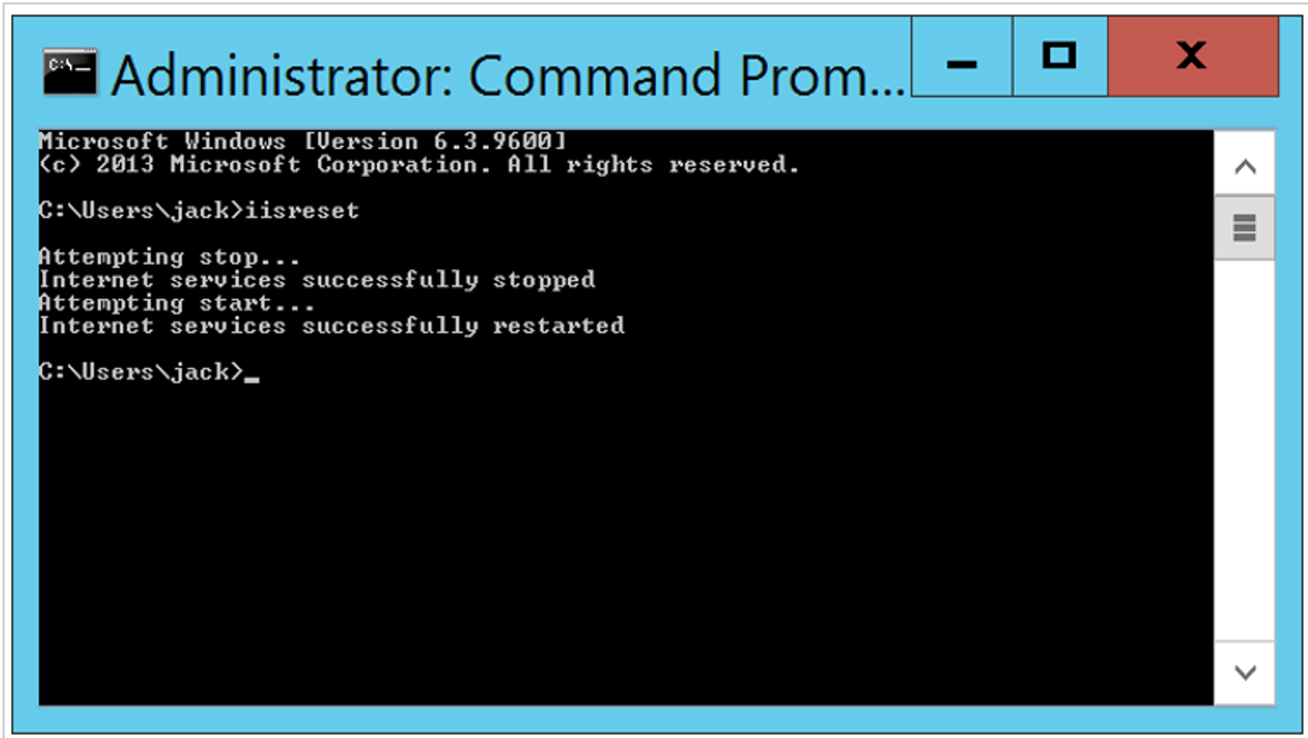 Screenshot del comando di reimpostazione iis.