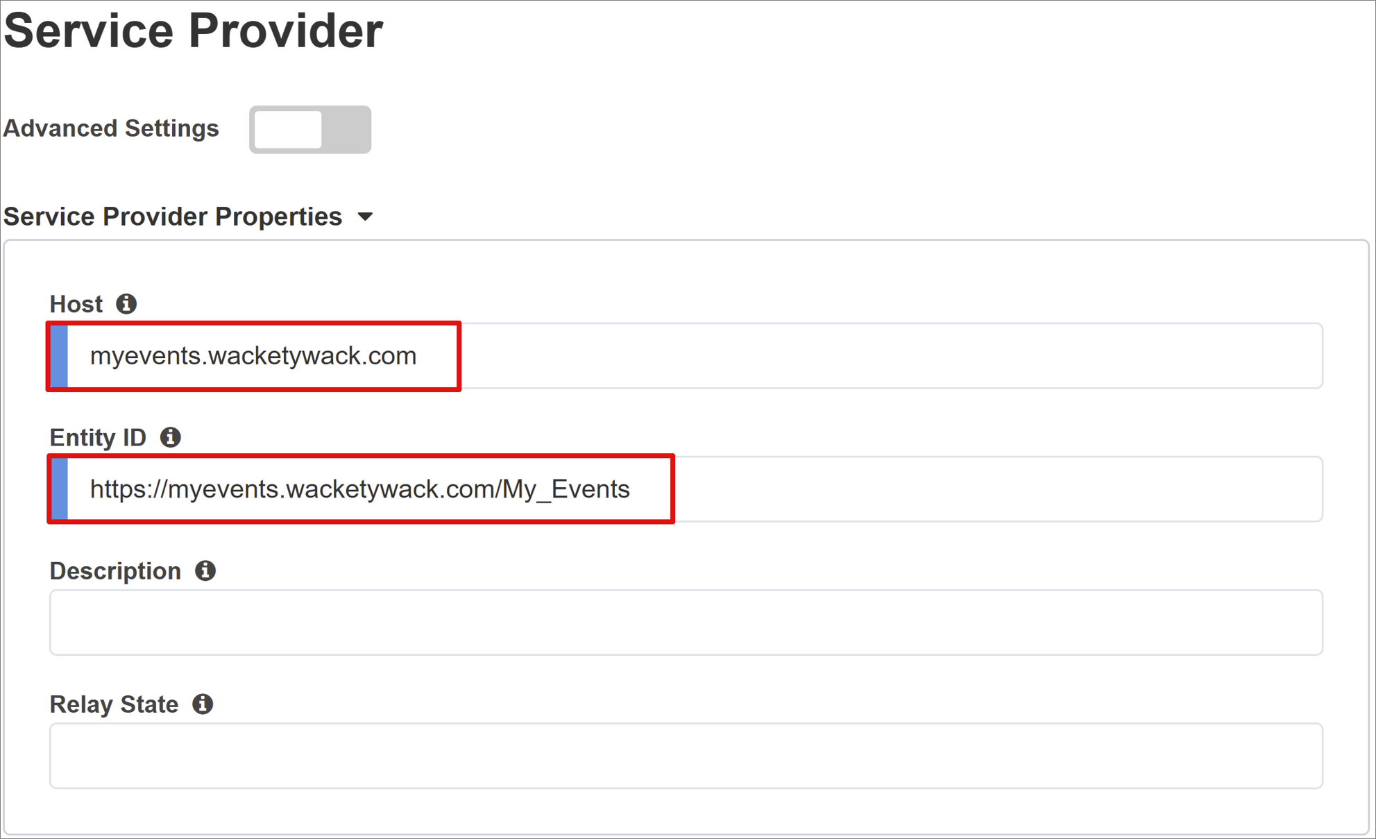 Screenshot delle voci host e ID entità nel provider di servizi.