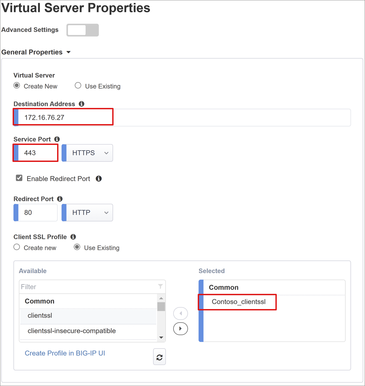 Screenshot delle opzioni e delle selezioni per le Proprietà del server virtuale.