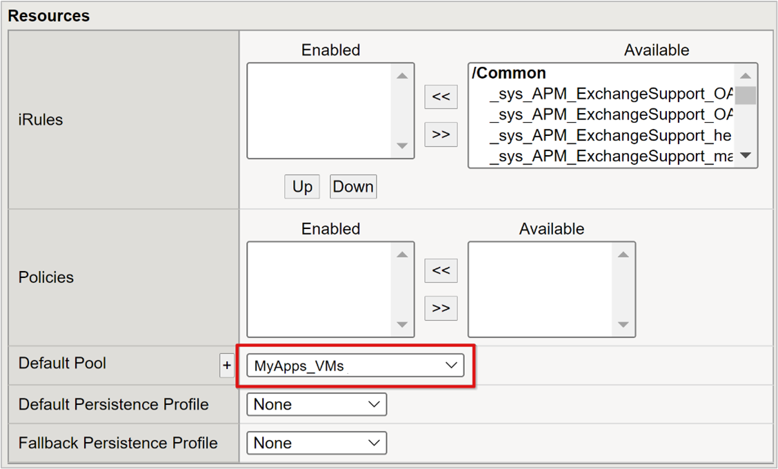 Screenshot dell'opzione Pool predefinito in Risorse.