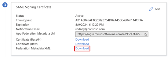Screenshot di un'opzione Download in Certificato di firma SAML.