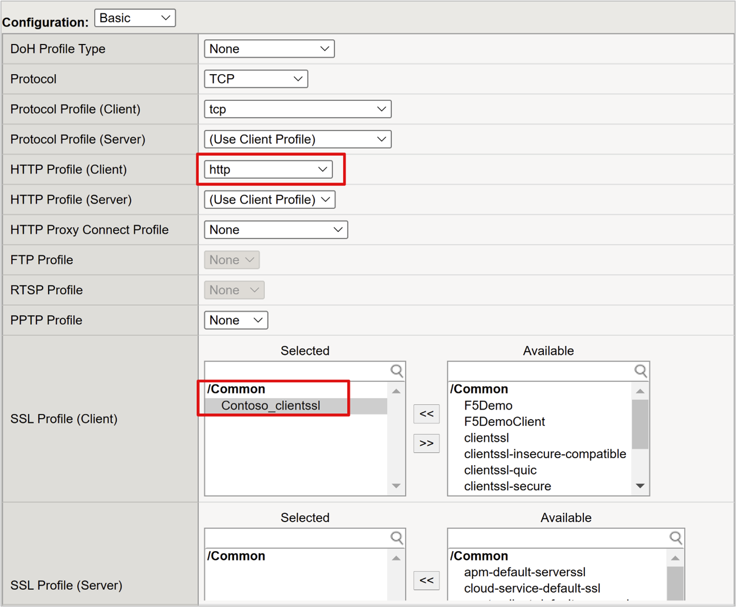 Screenshot delle opzioni Profilo HTTP (client) e Profilo SSL (client).