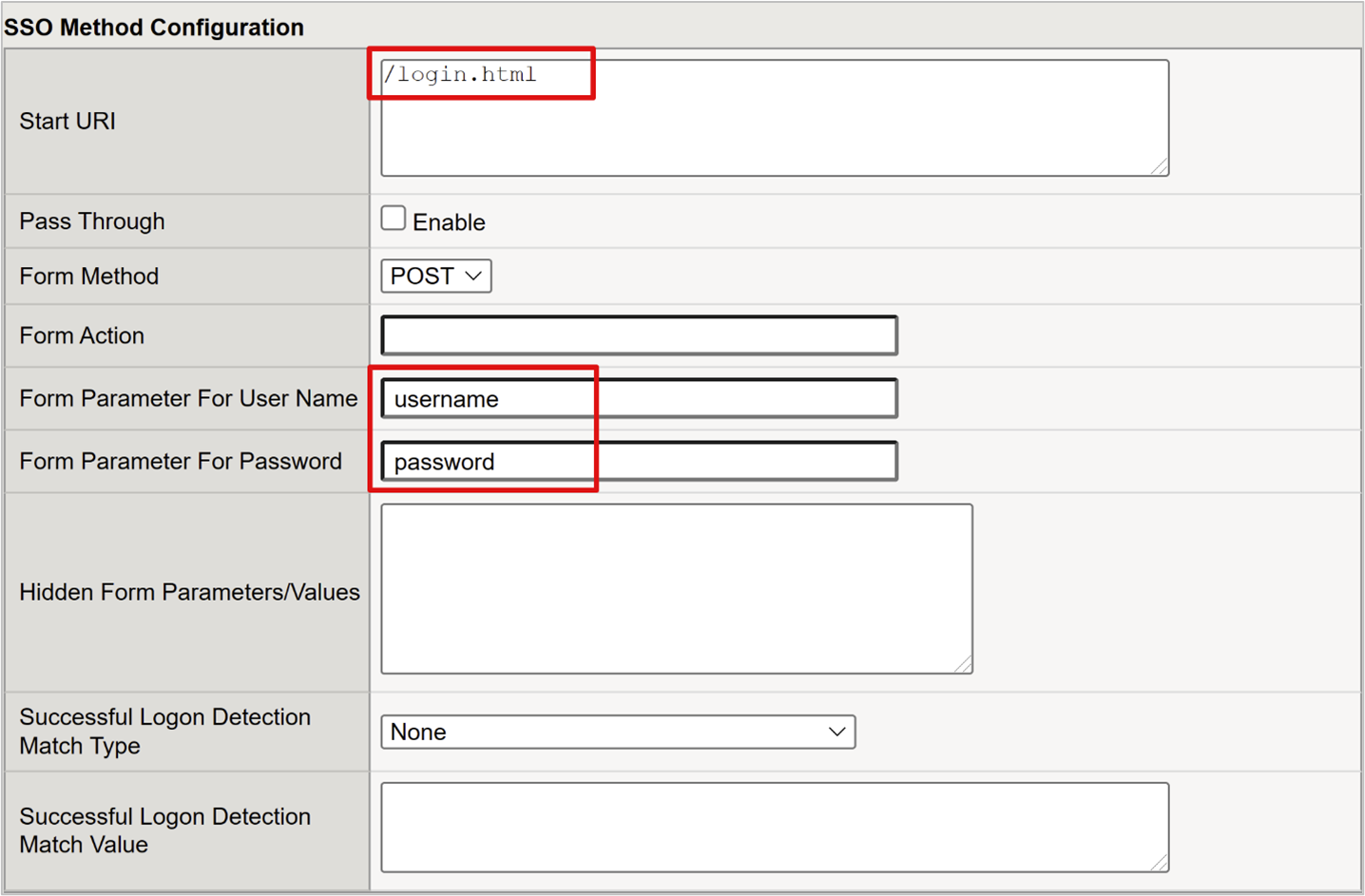 Screenshot dei campi URI inziale, Parametro modulo per nome utente e Parametro modulo per password.