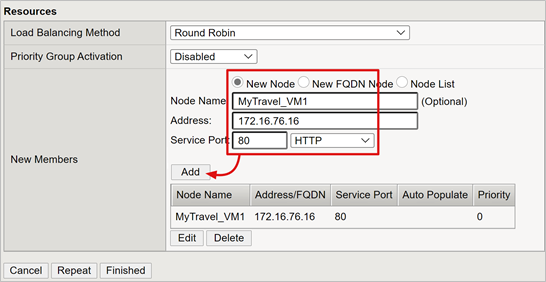 Screenshot dell'input per Nome nodo, Indirizzo, Porta del servizio e l'opzione Aggiungi.