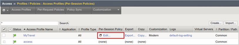 Screenshot dell'opzione Modifica nella colonna Criteri per sessione.