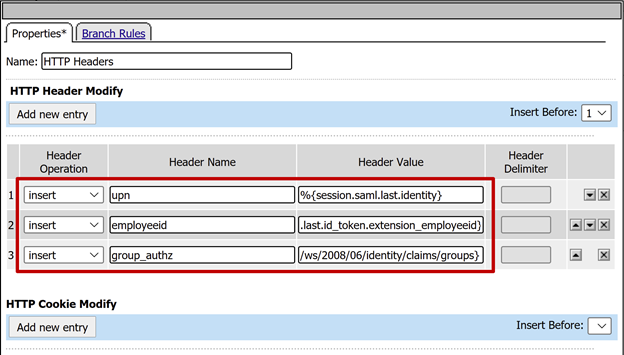 Screenshot dell'input dell'intestazione, in Modifica intestazione HTTP, nella scheda Proprietà.