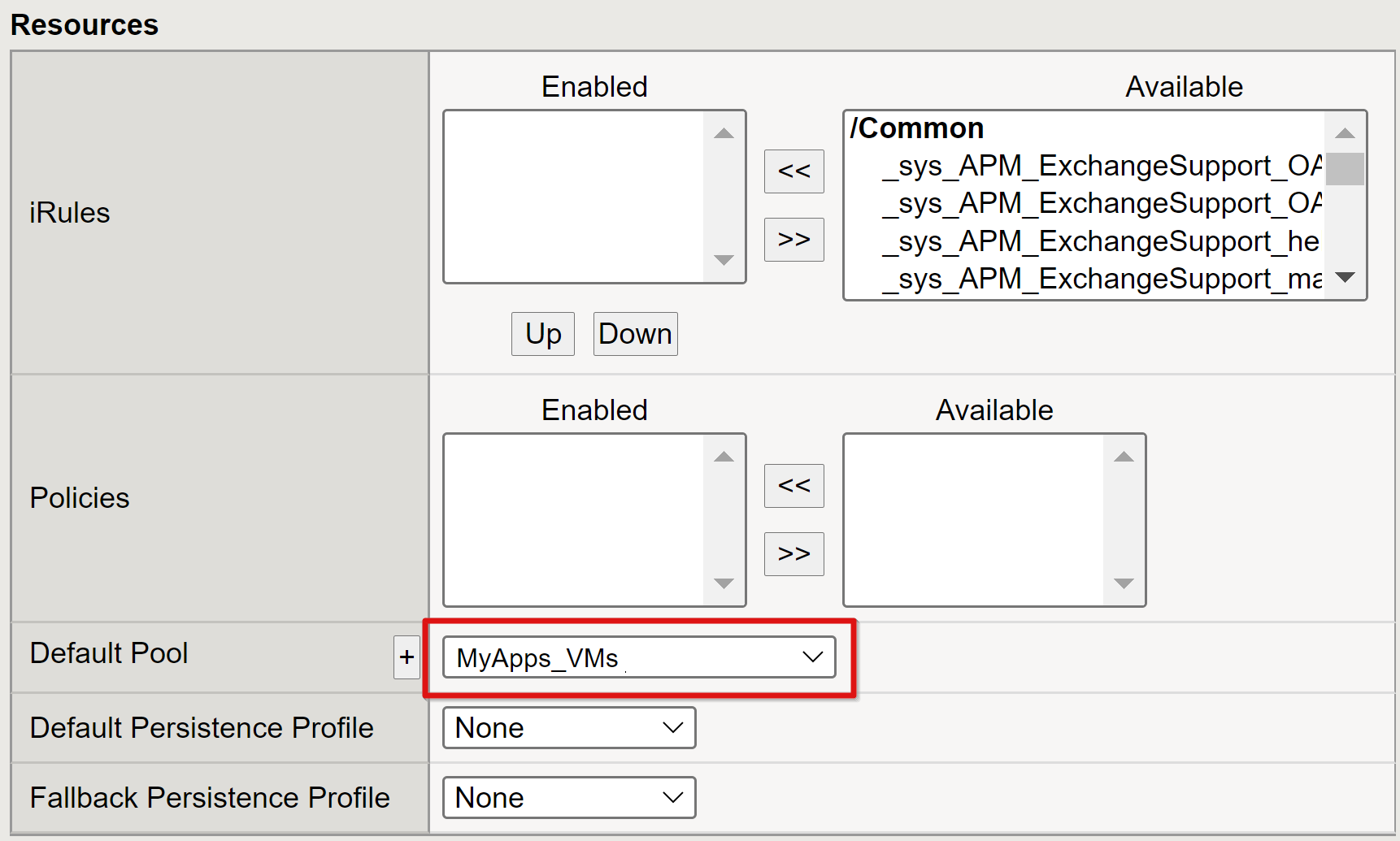 Screenshot della voce Pool predefinito per Risorse.