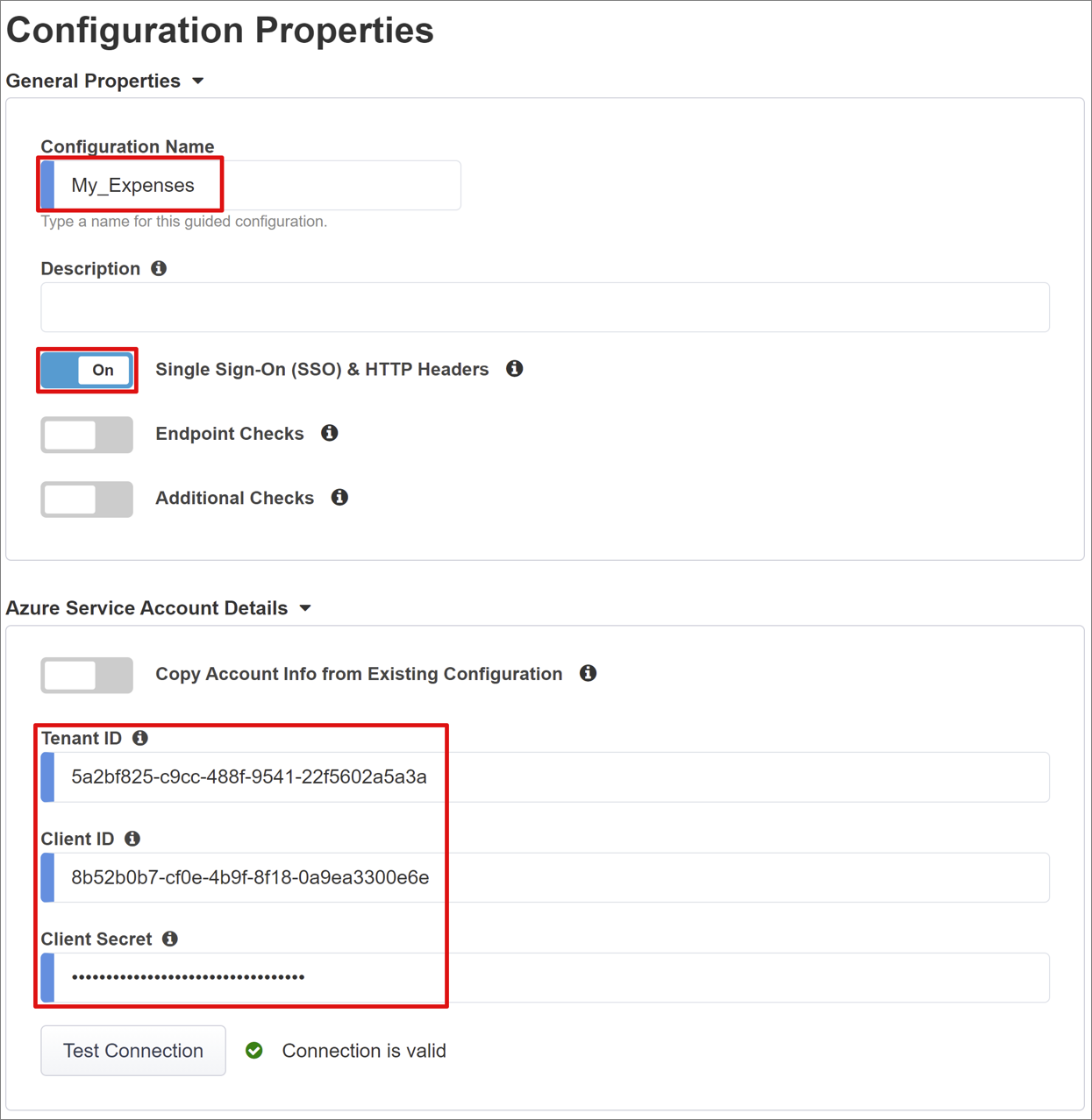 Screenshot delle voci Nome configurazione, Intestazioni SSO e HTTP e Dettagli dell'account del servizio di Azure.