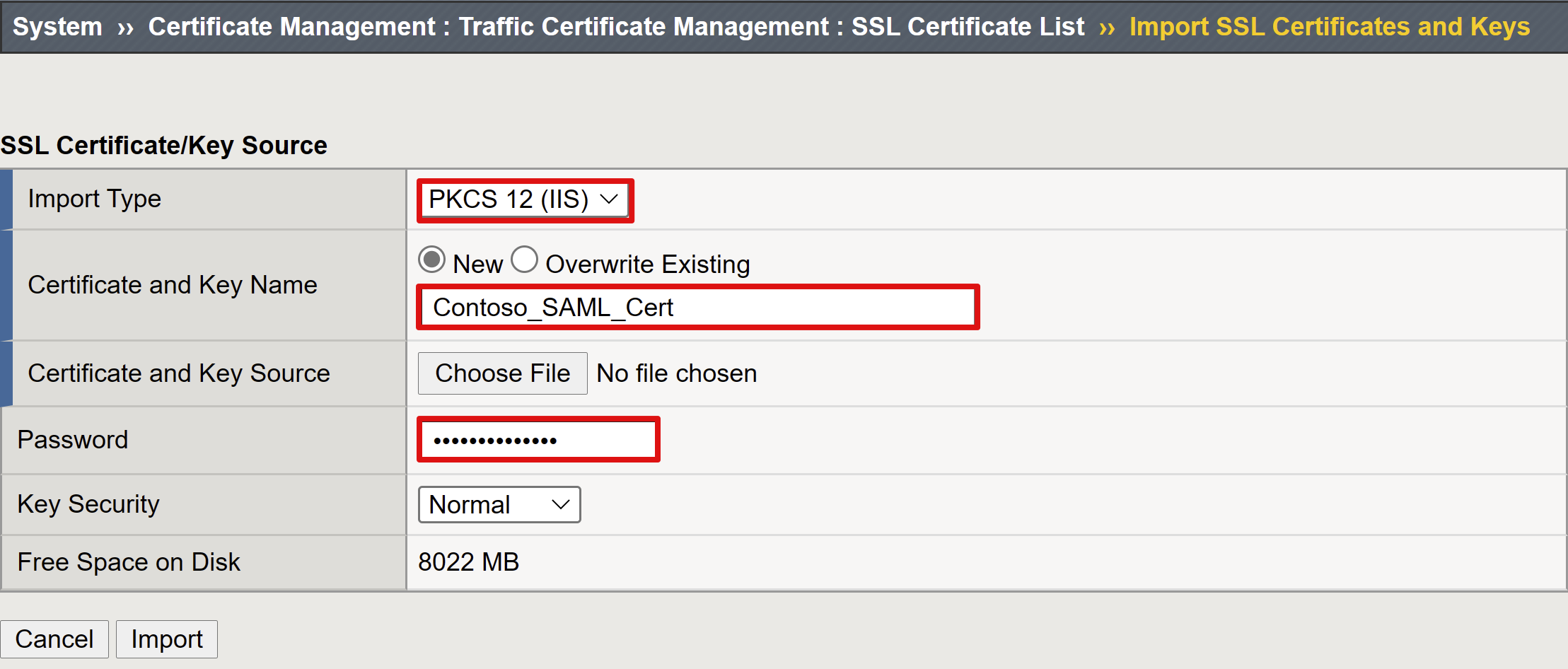 Screenshot dell'input per Tipo di importazione, Certificato e nome chiave, e Password.