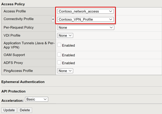 Screenshot delle voci del profilo di accesso e della Connessione ivity nei criteri di accesso.