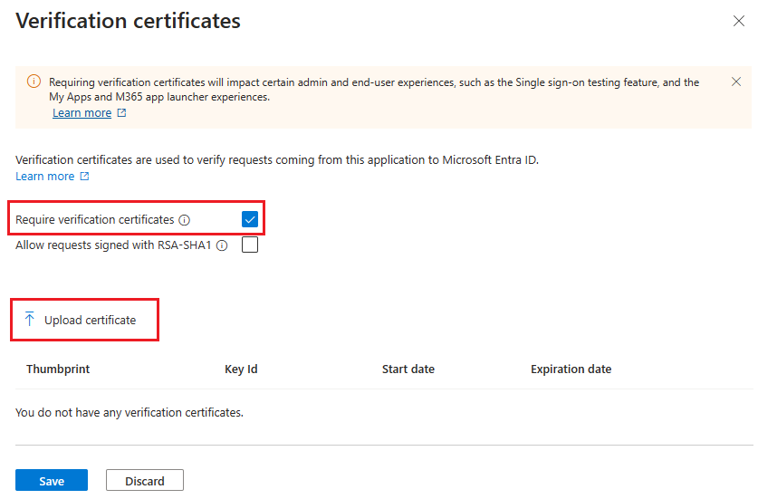Screenshot della pagina Richiedi certificati di verifica nella pagina Applicazioni aziendali.