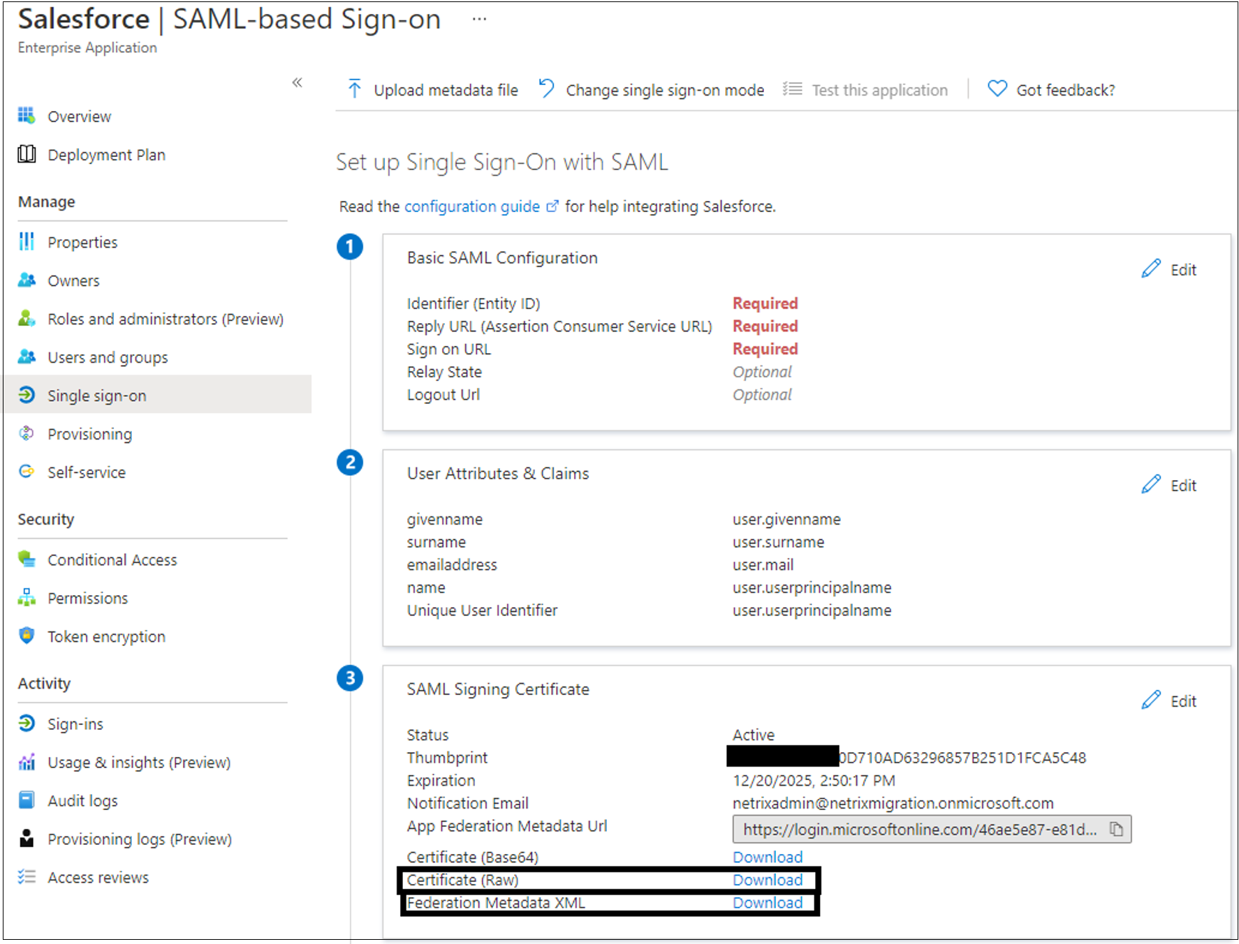 Screenshot delle voci Certificato (non elaborato) e XML dei metadati di federazione in Certificato di firma SAML.