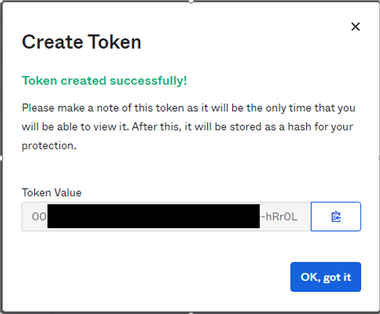 Screenshot del campo Token Value e dell'opzione OK got it.