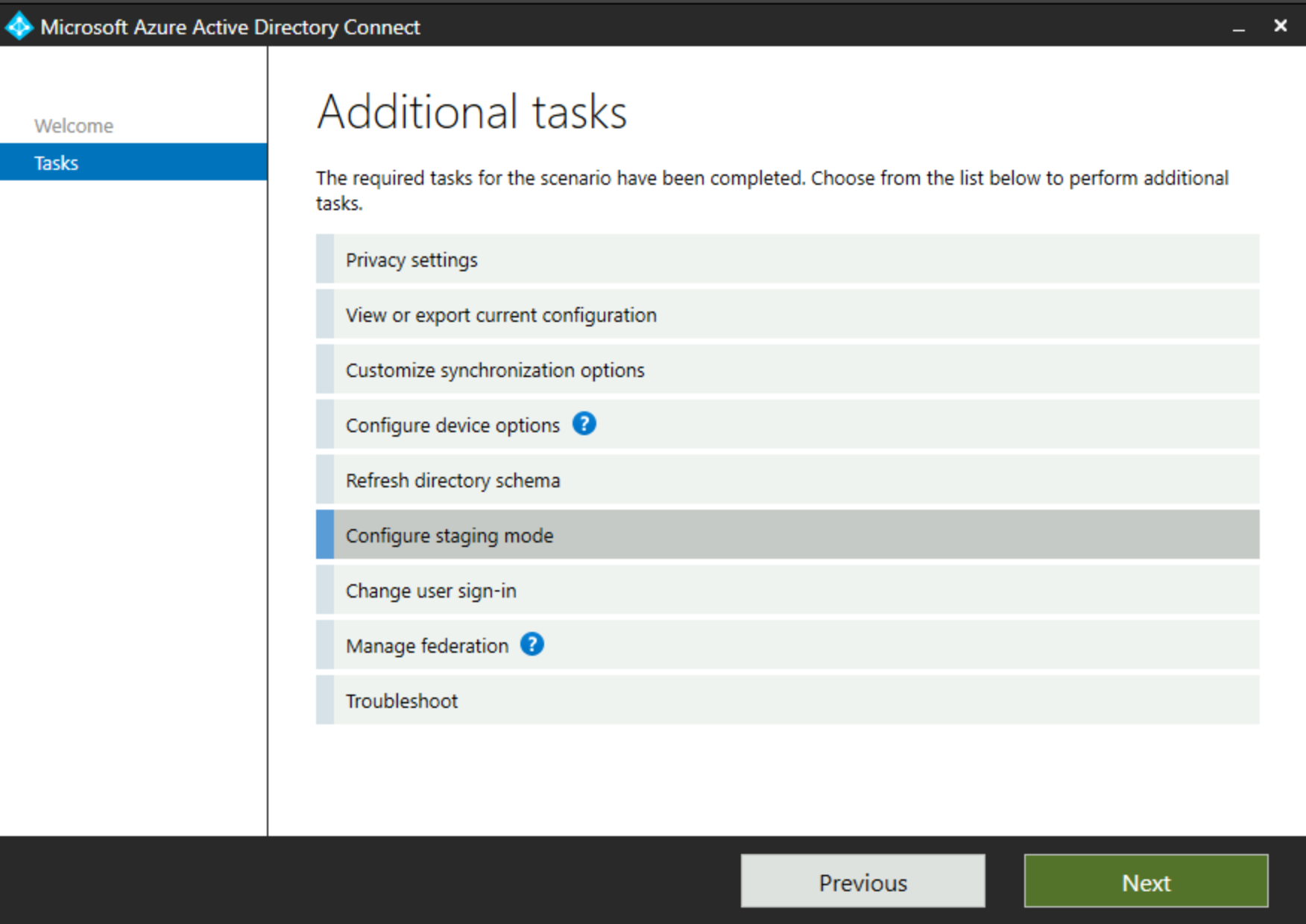 Screenshot shows Staging Mode highlighted in the Active Microsoft Entra Connect dialog box.