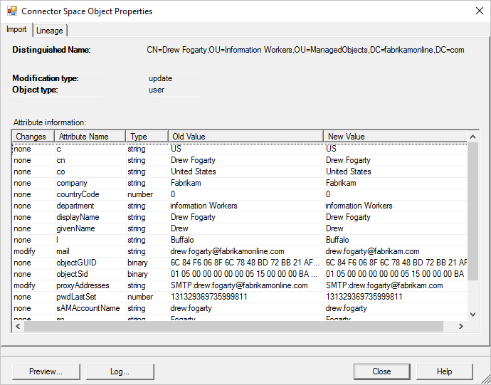 Screenshot della finestra Connector Space Object Properties (Proprietà dell'oggetto spazio connettore) con la scheda Import (Importa) selezionata