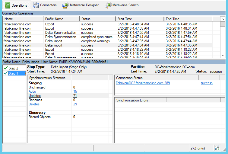 Screenshot di Synchronization Service Manager con la scheda Operations (Operazioni) selezionata