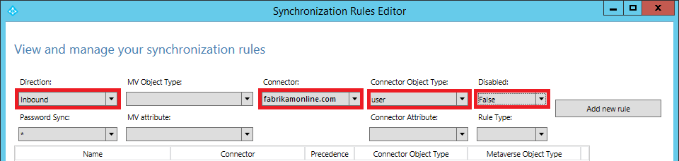Screenshot dell'editor delle regole di sincronizzazione con una ricerca di regole di sincronizzazione in ingresso