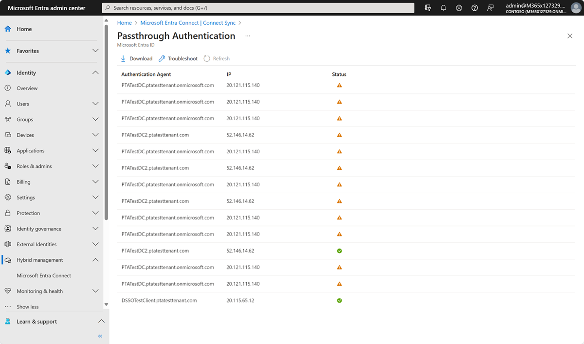 Screenshot che mostra l’interfaccia di amministrazione di Microsoft Entra - Pannello Autenticazione pass-through.