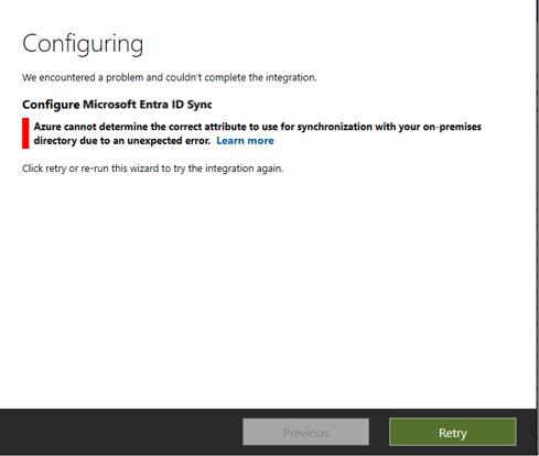 Screenshot che mostra cosa accade quando l'ancoraggio di origine in Microsoft Entra ID è imprevisto.