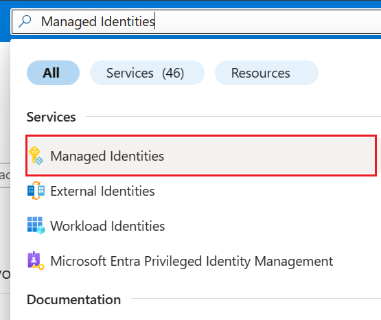 Screenshot of searching for managed identities in the portal.
