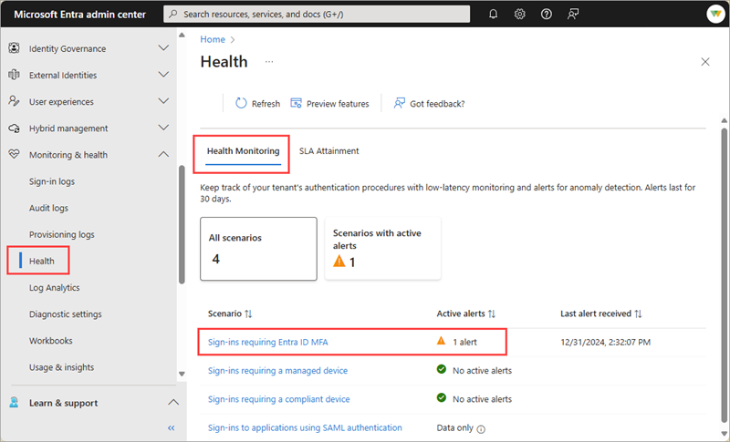 Screenshot della pagina di destinazione di Microsoft Entra Health.