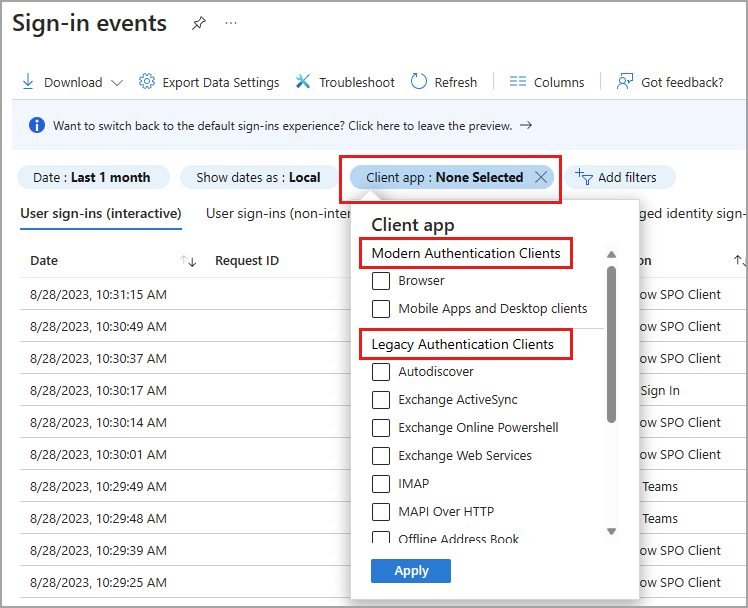 Screenshot del filtro dell'app client selezionato, con le categorie evidenziate.