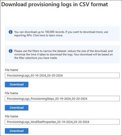 Screenshot delle opzioni di download per i log di provisioning.