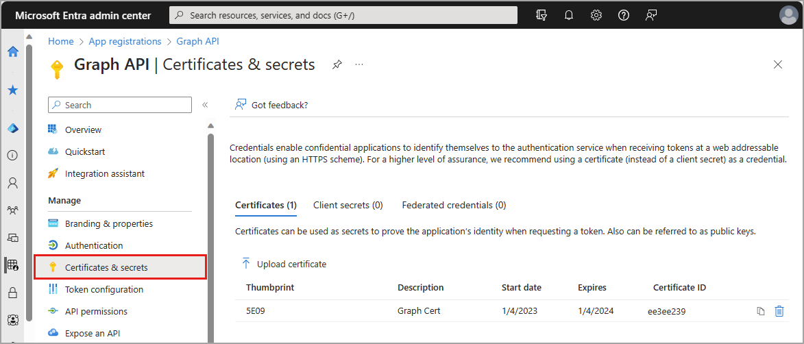 Screenshot della sezione Certificati e segreti di Microsoft Entra ID.