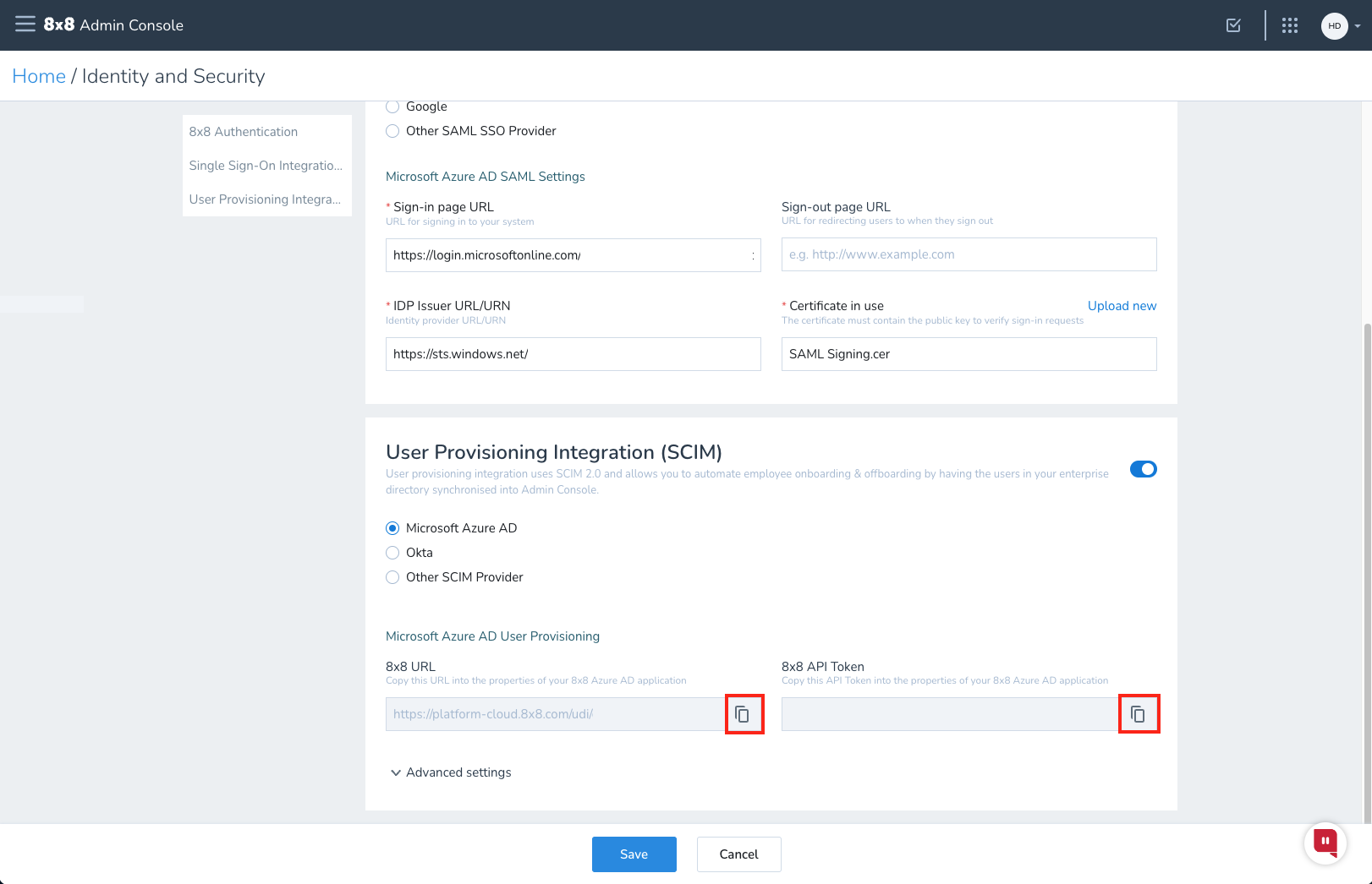 Screenshot che mostra la pagina Identità e sicurezza della Console di amministrazione con callout sui campi del token.