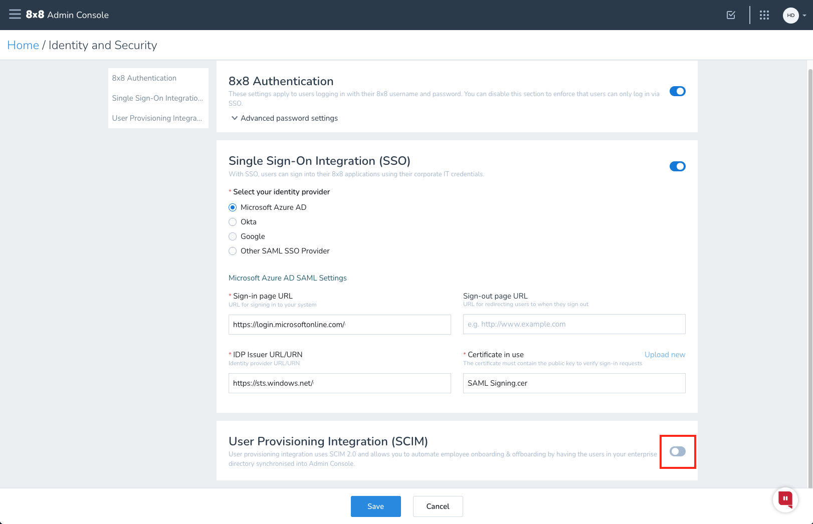 Screenshot che mostra la pagina Identità e sicurezza della Console di amministrazione con un callout sul dispositivo di scorrimento dell'integrazione del provisioning utenti.