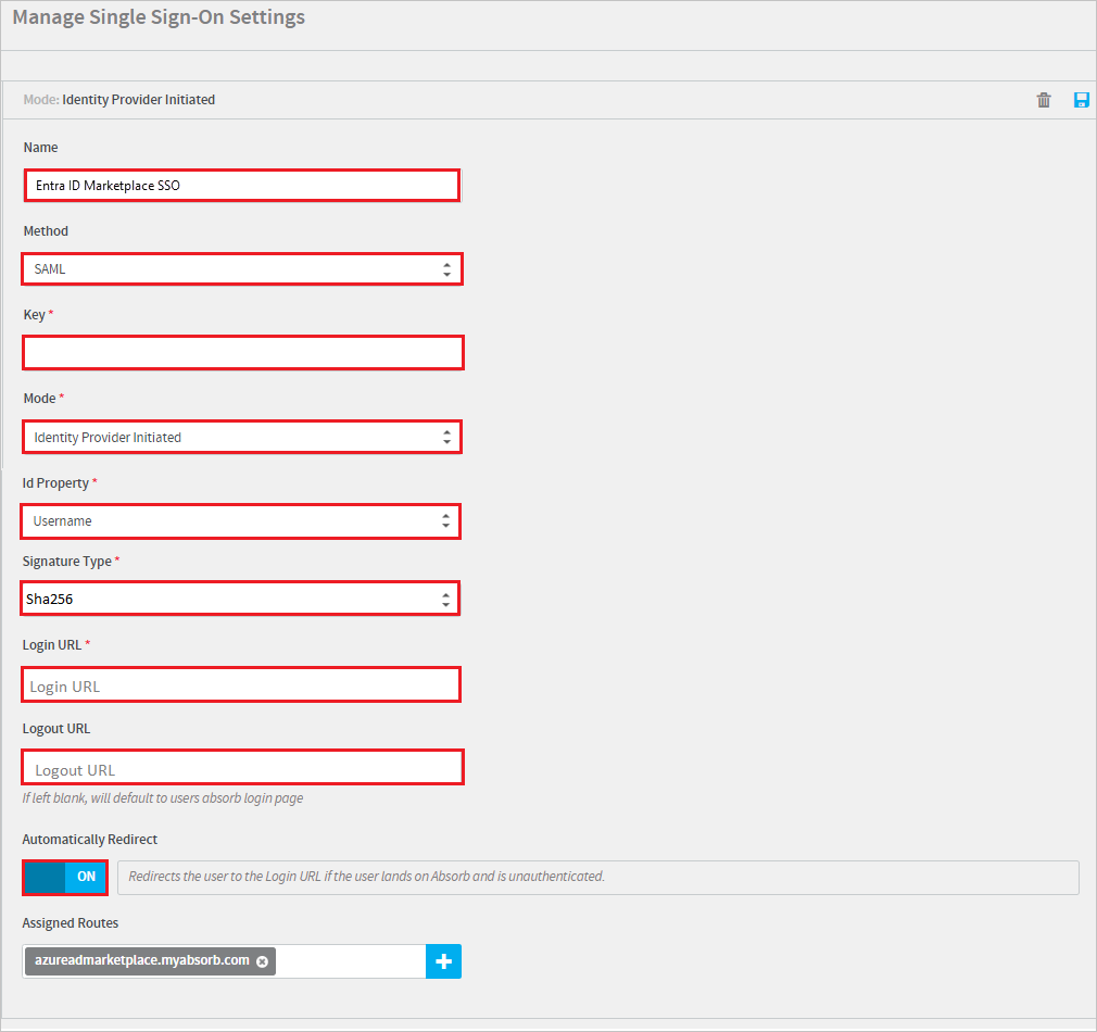 Screenshot che mostra la pagina di configurazione del Single Sign-On.
