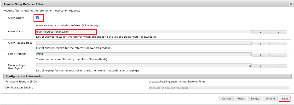 Una screenshot mostra il filtro Sling Referrer.
